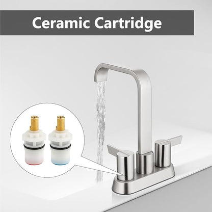 Brushed Nickel Waterfall Bathroom Faucet 4 Inch Centerset,2-Handle | Stainless Steel 3-Hole Deck-Mount Design Includes Supply Lines and Pop-Up Drain for a Complete Vanity Installation