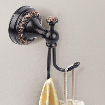 Black Antique Brass Towel Hook, Wall Mounted Bathroom Copper Double Hook for Clothing & Robe Hanger, Screws Install Shower Wall Hook