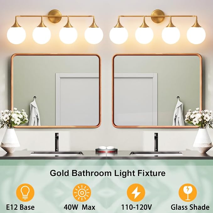 Brushed Gold Bathroom Light Fixtures Over Mirror Vanity 4-Light | Mid Century Modern Brushed Gold Wall Sconce with Milky White Glass Ball Shades for for Bathroom Dressing Table Bedroom