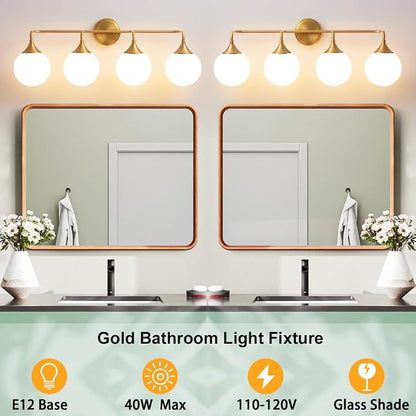 Brushed Gold Bathroom Light Fixtures Over Mirror Vanity 4-Light | Mid Century Modern Brushed Gold Wall Sconce with Milky White Glass Ball Shades for for Bathroom Dressing Table Bedroom