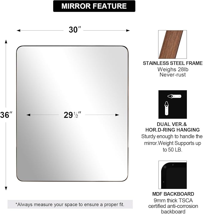 Bronze Mirror for Wall, 30x36” Rounded Rectangle Bathroom Mirror, Modern Stainless Steel Metal Frame for Vanity