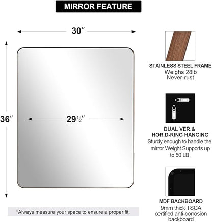 Bronze Mirror for Wall, 30x36” Rounded Rectangle Bathroom Mirror, Modern Stainless Steel Metal Frame for Vanity