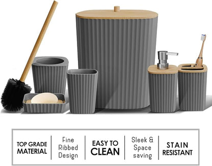 Clara Clark Bathroom Set - Grey Bathroom Accessories Set, 6PC Bathroom Accessory Set, Bathroom Sets with Bathroom Rugs, Adhesive Corner Shower Caddy Hanging, Toilet Brush, Trash Can & Soap Dispenser