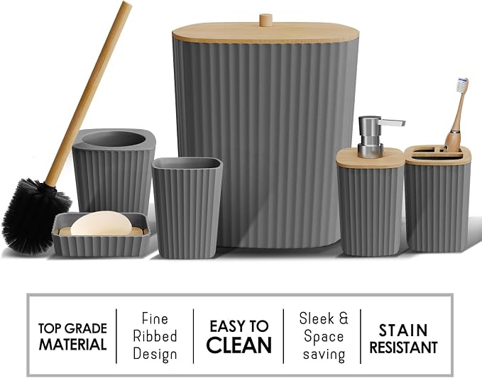 Clara Clark Bathroom Set - Grey Bathroom Accessories Set, 6PC Bathroom Accessory Set, Bathroom Sets with Toilet Brush, Trash Can & Soap Dispenser