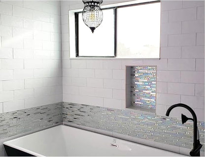 Glass Metal Tile Iridescent White Glass Silver Mirror Stainless Steel Blends Interlocking Strip Wall Tiles TSTNB01 (Pack of 5 Sheets)