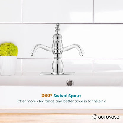 gotonovo Bathroom Faucet 1 Hole Vintage,Polish Chrome,5.9” Spout Reach | Bathroom Sink Faucet for 1 or 3 Hole Single Handle,Deck Plate,360° Swivel Spout,Pop Up Drain,cUPC Supply Hoses,for Vanity RV