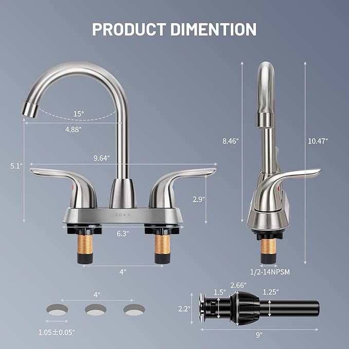 Bathroom Sink Faucet for 3 Hole, 4 Inch Stainless Steel Faucet for Bathroom, Bathroom Faucets with Deck Plate & Pop-Up Pop-Up Drain Assembly 2-Handle Faucet for Bathroom Sink Vanity RV Restroom