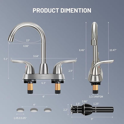 Bathroom Sink Faucet for 3 Hole, 4 Inch Stainless Steel Faucet for Bathroom, Bathroom Faucets with Deck Plate & Pop-Up Pop-Up Drain Assembly 2-Handle Faucet for Bathroom Sink Vanity RV Restroom