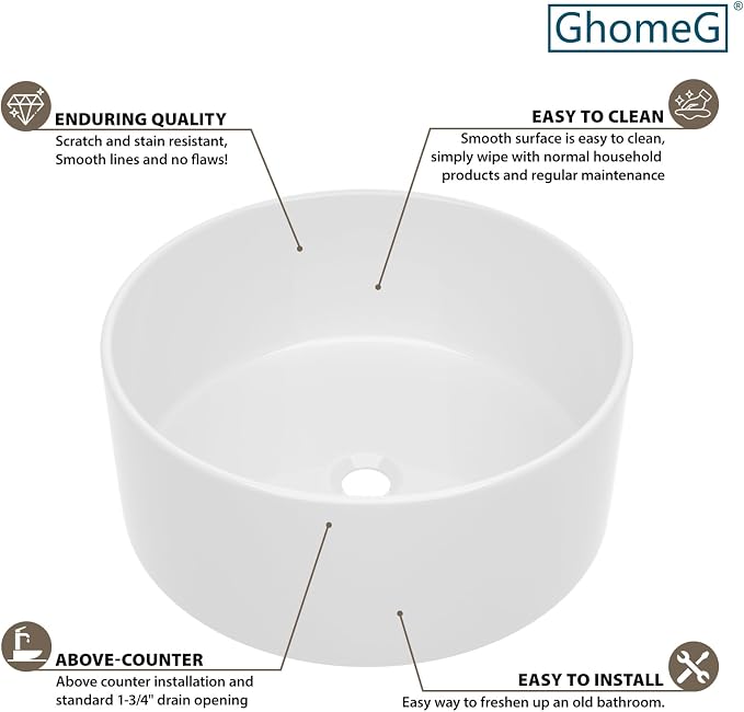 White Bathroom Vessel Sink Ceramic Vanity Art Basin Above Counter | 15"x15" Round Bathroom Sink Porcelain Vessel Vanity Sink