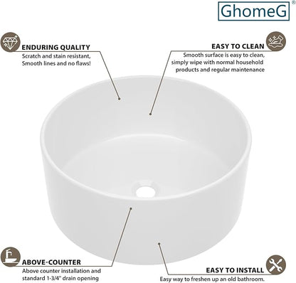 White Bathroom Vessel Sink Ceramic Vanity Art Basin Above Counter | 15"x15" Round Bathroom Sink Porcelain Vessel Vanity Sink