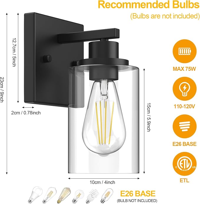 Wall Sconces Set of Two Matte Black Vanity Lights for Bathroom Indoor | Modern Wall Light Fixtures, Sconce Lights with Clear Glass, Farmhouse Lamp for Bedroom, Living Room, Mirror, Hallway E26 Base