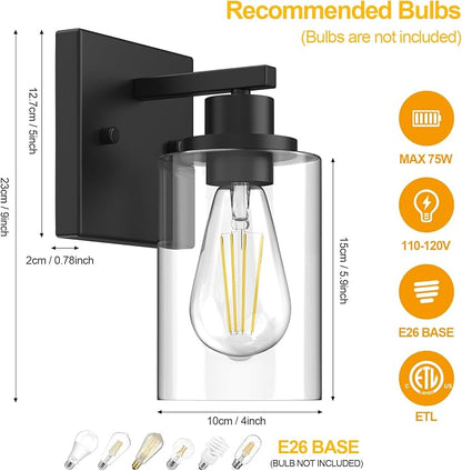 Wall Sconces Set of Two Matte Black Vanity Lights for Bathroom Indoor | Modern Wall Light Fixtures, Sconce Lights with Clear Glass, Farmhouse Lamp for Bedroom, Living Room, Mirror, Hallway E26 Base
