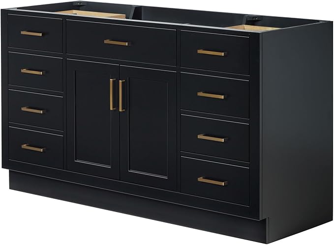 ARIEL Hepburn 60-inch Bathroom Vanity with Sink,Solid Wood, 1.5-inch Carbon Black Quartz Countertop, Single Rectangular Porcelain Sink, Soft Closing Doors, Dovetail Drawers, Black
