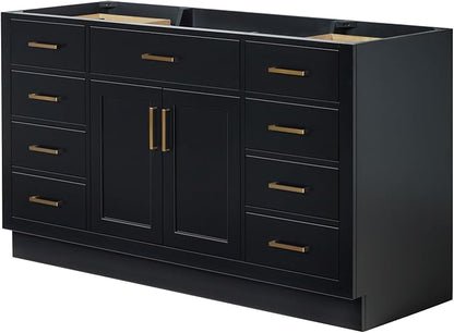 ARIEL Hepburn 60-inch Bathroom Vanity with Sink,Solid Wood, 1.5-inch Carbon Black Quartz Countertop, Single Rectangular Porcelain Sink, Soft Closing Doors, Dovetail Drawers, Black