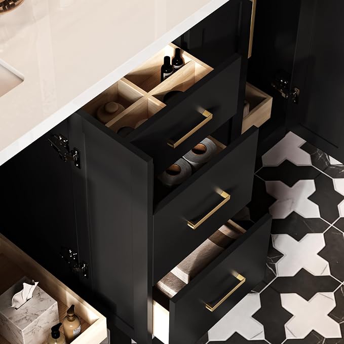 ARIEL Loren 60-inch Bathroom Vanity with Sink,Solid Wood, 1.5-inch Pure White Quartz Countertop, Double Rectangular Porcelain Sink, 4 Soft Closing Doors, 3 Dovetail Drawers, Black