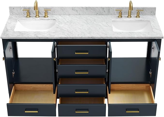 ARIEL Cambridge 66-inch Bathroom Vanity with Sink,Solid Wood, 0.75-inch Italian Carrara Marble Countertop, Double Rectangular Porcelain Sink, 4 Soft Closing Doors, 6 Dovetail Drawers, Midnight Blue
