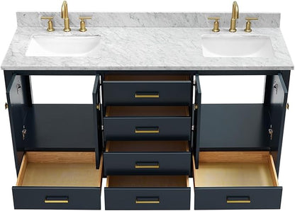 ARIEL Cambridge 66-inch Bathroom Vanity with Sink,Solid Wood, 0.75-inch Italian Carrara Marble Countertop, Double Rectangular Porcelain Sink, 4 Soft Closing Doors, 6 Dovetail Drawers, Midnight Blue