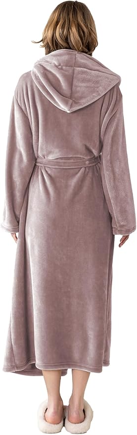 Robes for Women - Hooded Plush Fleece Bathrobe with Sash & Pockets, Full-Length Lightweight Spa Robe