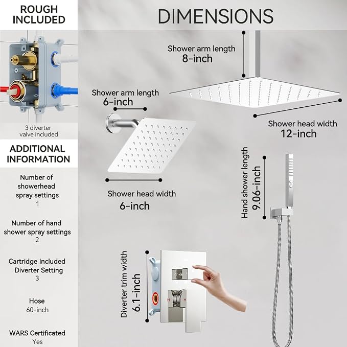 Shower System Shower Faucet Set, STARBATH 12"+6" Ceiling Mount Rain Shower Head and Handheld Spray for Two Person, Rainfall Shower System with Diverter Valve and Trim Kit Complete,Chrome