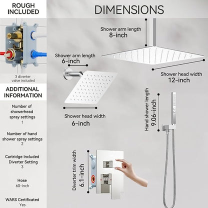 Shower System Shower Faucet Set, STARBATH 12"+6" Ceiling Mount Rain Shower Head and Handheld Spray for Two Person, Rainfall Shower System with Diverter Valve and Trim Kit Complete,Chrome