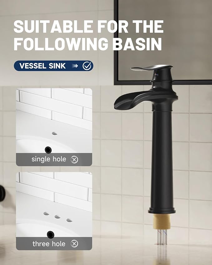 Matte Black Vessel Sink Faucet Brass Waterfall Bathroom Faucet Single Hole | with Pop Up Drain Assembly and Supply Hoses, Single Handle Tall Bathroom Faucets Lavatory Vanity Mixer Tap by BATHLAVISH