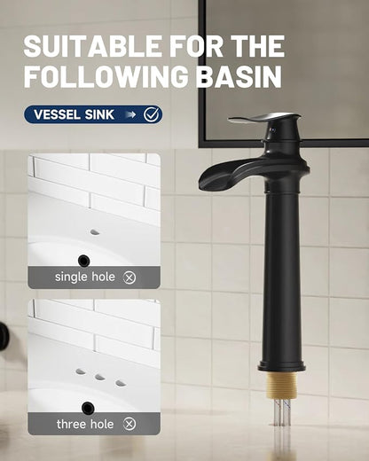 Matte Black Vessel Sink Faucet Brass Waterfall Bathroom Faucet Single Hole | with Pop Up Drain Assembly and Supply Hoses, Single Handle Tall Bathroom Faucets Lavatory Vanity Mixer Tap by BATHLAVISH