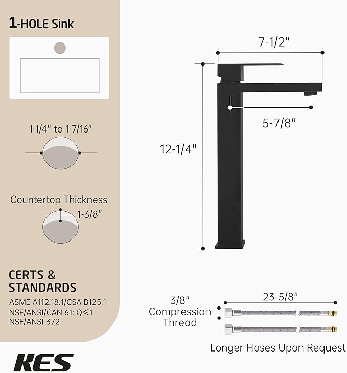 KES Bathroom Faucet Black Vessel Sink Faucet cUPC Certified, Single Hole Tall Bathroom Faucet Stainless Steel, L3156BLFF12-BK