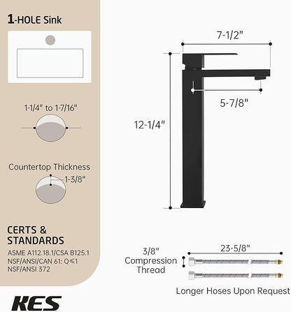 KES Bathroom Faucet Black Vessel Sink Faucet cUPC Certified, Single Hole Tall Bathroom Faucet Stainless Steel, L3156BLFF12-BK