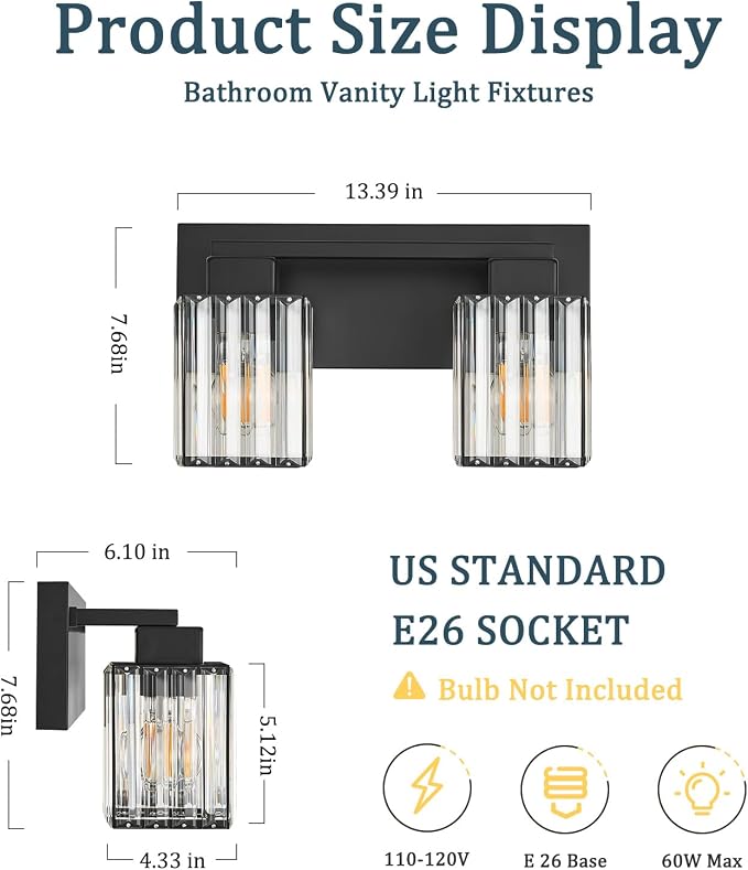 2-Light Black Crystal Vanity Light Bathroom Lighting Fixtures Over Mirror | Wall Sconces with Square Crystal Shades, E26 Socket, Modern Vanity Lights for Bathroom (Bulbs Not Included)