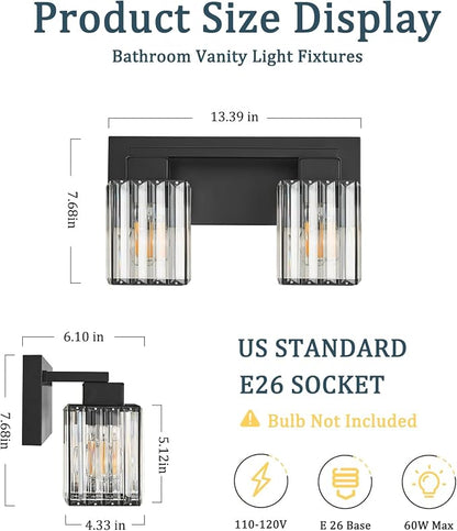 2-Light Black Crystal Vanity Light Bathroom Lighting Fixtures Over Mirror | Wall Sconces with Square Crystal Shades, E26 Socket, Modern Vanity Lights for Bathroom (Bulbs Not Included)