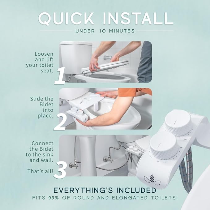 Warm Water Bidet Attachment for Toilets, Self Cleaning Dual Nozzle, Non-Electric, Easy DIY Installation, Sink Access Required for Warm Water