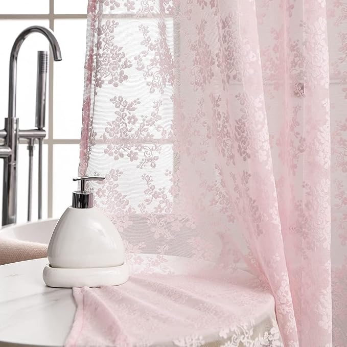 Pink Lace Shower Curtain 36x72, Cute Girly Half Size with Attached Valance | Vintage Floral Lace and Scalloped Trim Filter Soft Light for Romantic Shabby Chic Style in Stalls, RVs and Small bathrooms