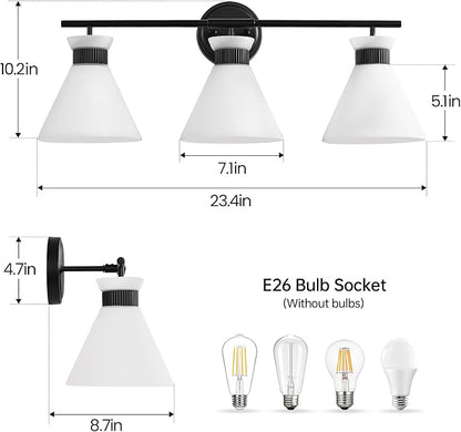 Black Bathroom Vanity Light Fixtures: Vanity Lighting Fixtures over Mirror 23.4 inch with Milky White Frosted Glass, 3-Lights Farmhouse Vintage Vanity Lighting Bathroom Wall Light(Exclude Bulb)