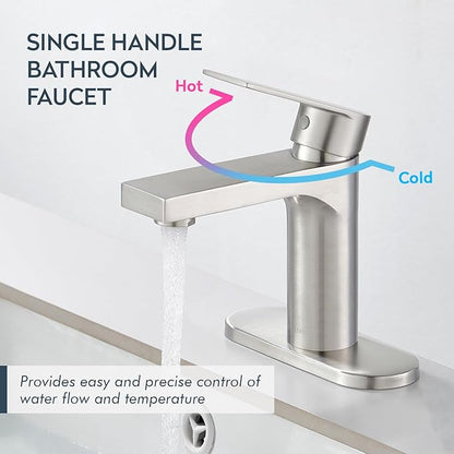 Single Hole Bathroom Faucet, Stainless Steel 1 Handle Vanity Sink Faucet with Metal Pop-Up Drain & Deck Plate for 1 or 3 Hole Sink, Brushed Finish