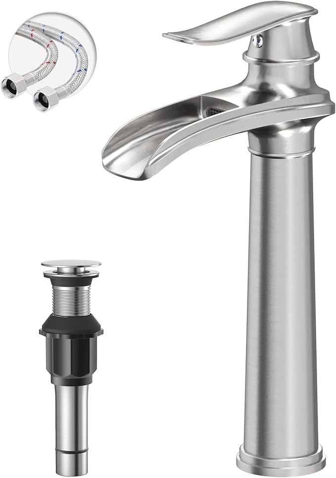 Brushed Nickel Vessel Sink Faucet Brass 12 Inch Waterfall Bathroom Faucet | with Pop Up Drain Assembly and Supply Hoses, Single Handle Tall Bathroom Faucets Lavatory Vanity Mixer Tap by BATHLAVISH