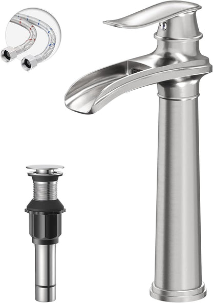 Brushed Nickel Vessel Sink Faucet Brass 12 Inch Waterfall Bathroom Faucet | with Pop Up Drain Assembly and Supply Hoses, Single Handle Tall Bathroom Faucets Lavatory Vanity Mixer Tap by BATHLAVISH