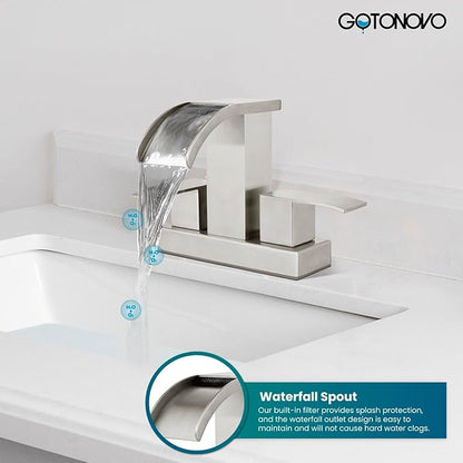 gotonovo Waterfall 4 Inch Centerset Bathroom Sink Faucet 2 Handle Basin Faucets 2 or 3 Hole Deck Mount with Pop Up Drain Included Lavatory Modern Mixer Tap Vanity Faucet Brushed Nickel