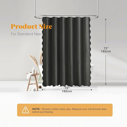 BTTN Charcoal Grey Scalloped Shower Curtain, Linen Textured Thick Fabric Shower Curtain Set with 12 Plastic Hooks, Rustic Farmhouse Waterproof Shower Curtains with Black Edge for Bathroom, 72x72, Gray