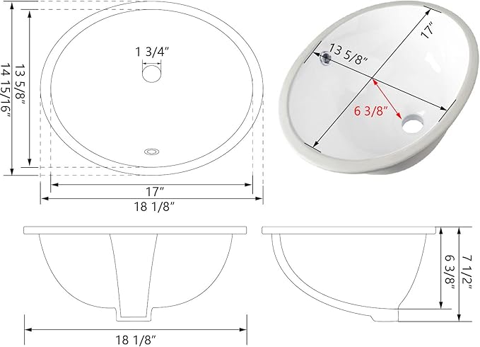 Bathroom Sink, DeerValley DV-1U303 Symmetry 18" X 15" Undermount Bathroom Sink Oval Bathroom Vanity Sink White Ceramic Vessel Sinks with Overflow Hole