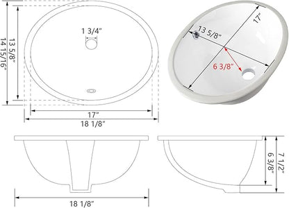 Bathroom Sink, DeerValley DV-1U303 Symmetry 18" X 15" Undermount Bathroom Sink Oval Bathroom Vanity Sink White Ceramic Vessel Sinks with Overflow Hole