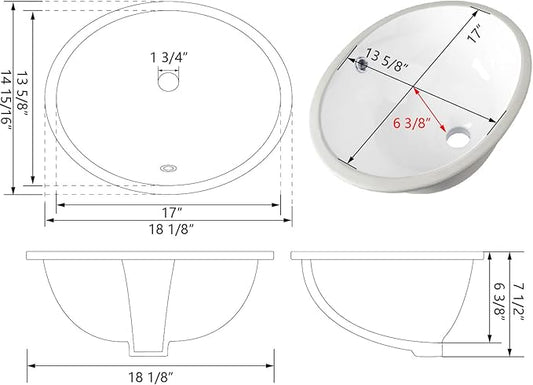 Bathroom Sink, DeerValley DV-1U303 Symmetry 18" X 15" Undermount Bathroom Sink Oval Bathroom Vanity Sink White Ceramic Vessel Sinks with Overflow Hole