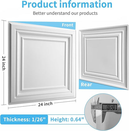 Art3d PVC Ceiling Tiles, 3D Plastic Sheet in White, 2 x 2 ft, 24-Pack | Lightweight, Waterproof, No Sag and Breakage, Compatible with Grid System, Perfect for Basement, Kitchen