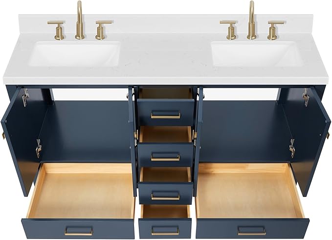 ARIEL Cambridge 60-inch Bathroom Vanity with Sink,Solid Wood, 1.5-inch Carrara White Quartz Countertop, Double Rectangular Porcelain Sink, 4 Soft Closing Doors, 6 Dovetail Drawers, Midnight Blue