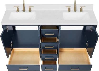 ARIEL Cambridge 60-inch Bathroom Vanity with Sink,Solid Wood, 1.5-inch Carrara White Quartz Countertop, Double Rectangular Porcelain Sink, 4 Soft Closing Doors, 6 Dovetail Drawers, Midnight Blue