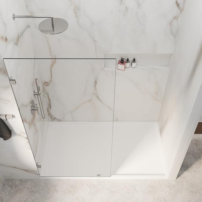32" W x 72" H Fixed Single Shower Glass Panel, Chrome Finish | 3/8” 10mm Frameless for Walk in Shower with Clear Tempered Glass Explosion-Proof Film for Bathroom, Silver