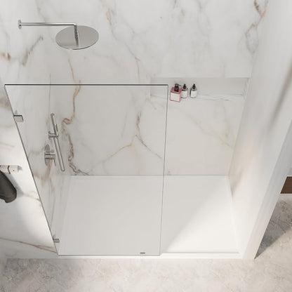 32" W x 72" H Fixed Single Shower Glass Panel, Chrome Finish | 3/8” 10mm Frameless for Walk in Shower with Clear Tempered Glass Explosion-Proof Film for Bathroom, Silver