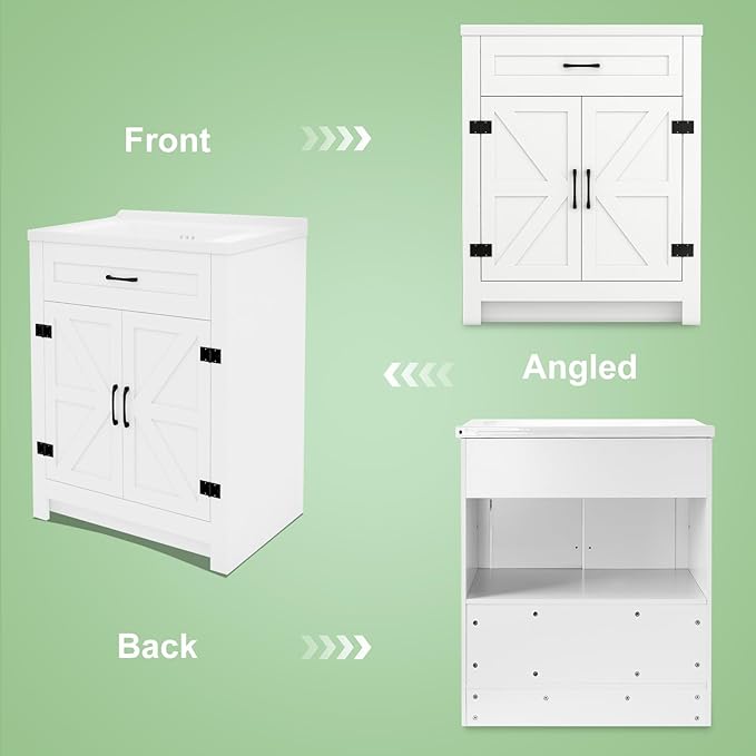 24" White Farmhouse Bathroom Vanity with Ceramic Sink, 2 Barn Door & Faux Drawer, Freestanding, Actual 23.6" L x 18.5" W x 35.4" H