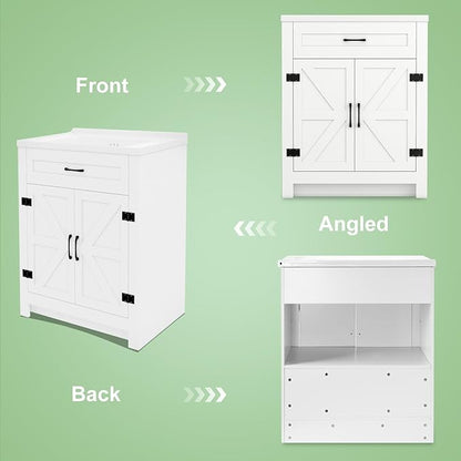 24" White Farmhouse Bathroom Vanity with Ceramic Sink, 2 Barn Door & Faux Drawer, Freestanding, Actual 23.6" L x 18.5" W x 35.4" H
