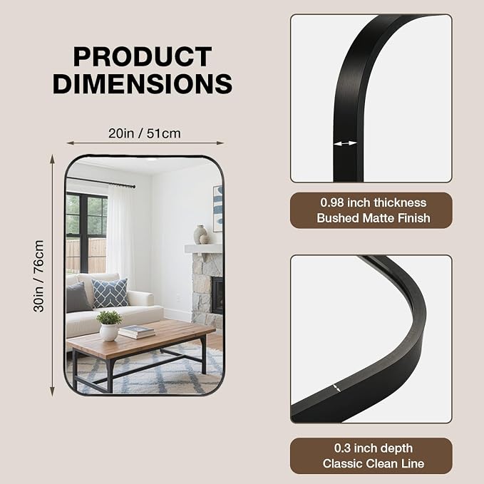 20"x30" Bathroom Mirrors for Over Sink, Matte Black Rectangle Vanity Mirror | Aluminum Alloy Frame, Clear Reflection, Rust-Resistant, Vertical or Horizontal, Wall Mount, Bedroom and Entryway