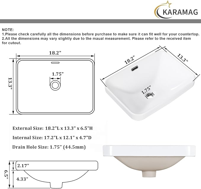 Bathroom Vessel Sink 18.2'' x 13.3'' Semi Recessed Bathroom Sink Rectangular Drop-in Vanity Sink with Overflow White Ceramic Modern Art Basin